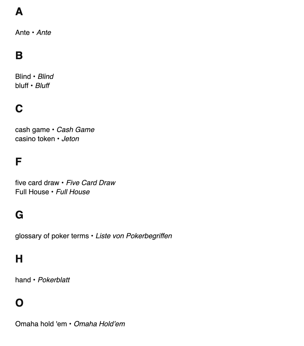 Poker terms in German