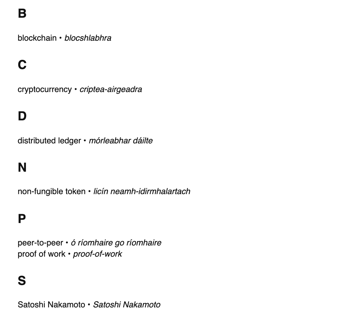 Blockchain terms in Irish