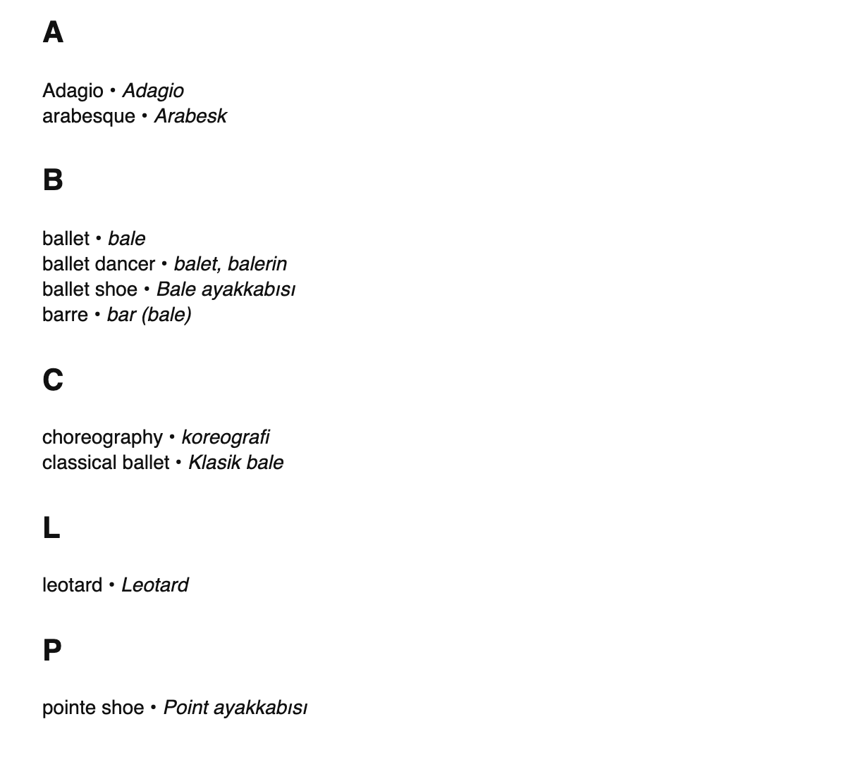 Ballet terms in Turkish