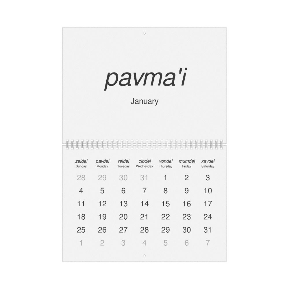 Leskoff 2026 Wall Calendar, Lojban/English-Labeled, Sunday-Start Layout, Wire-Bound, 11.7 x 8.3 in (29.7 x 21.0 cm), image 1 of 1
