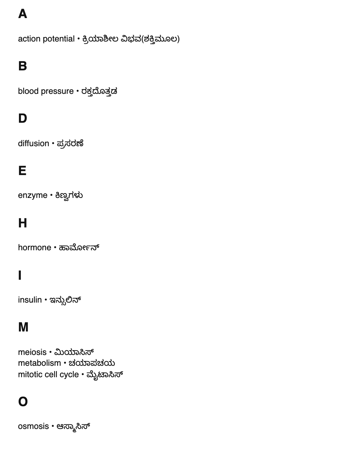 Physiology terms in Kannada