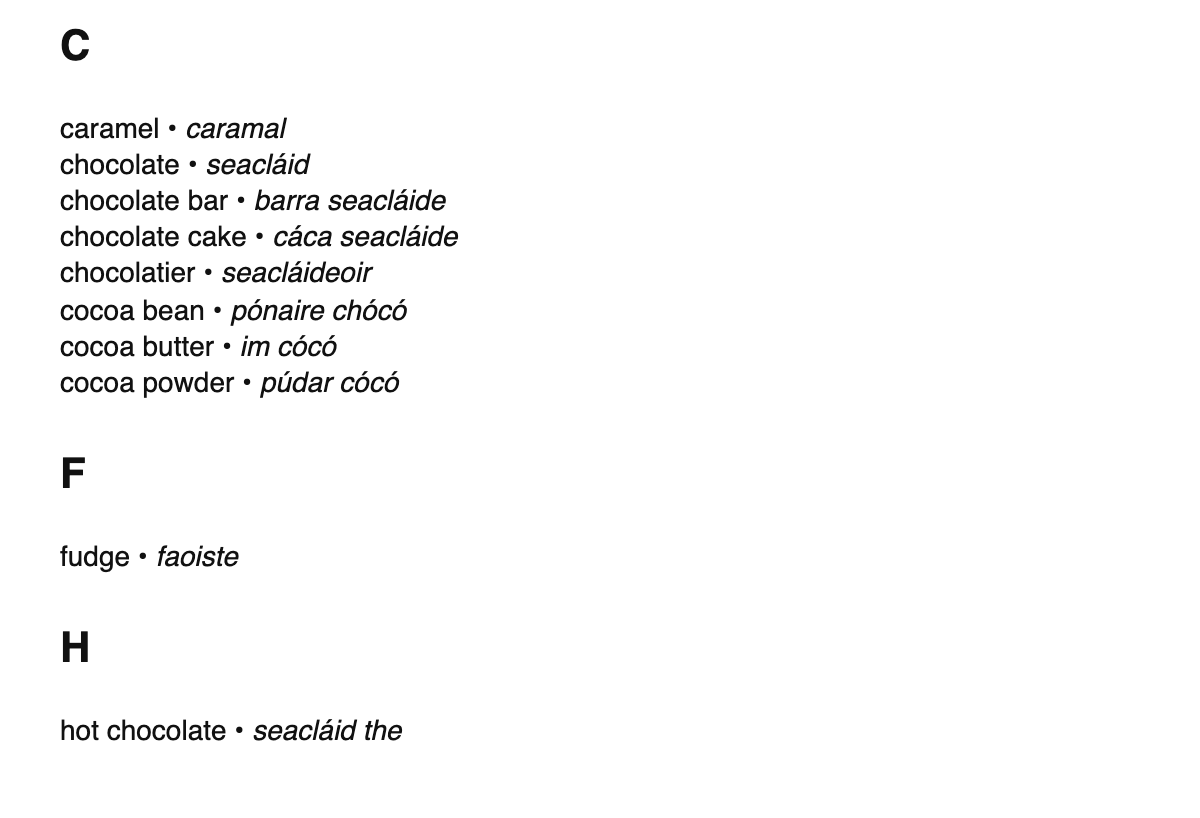 Chocolate terms in Irish