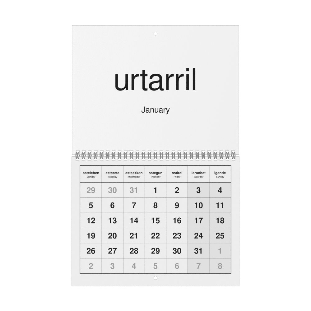 Leskoff 2026 Wall Calendar, Basque/English-Labeled, Monday-Start Layout, Wire-Bound, 11 x 8.5 in (27.9 x 21.6 cm), image 1 of 1