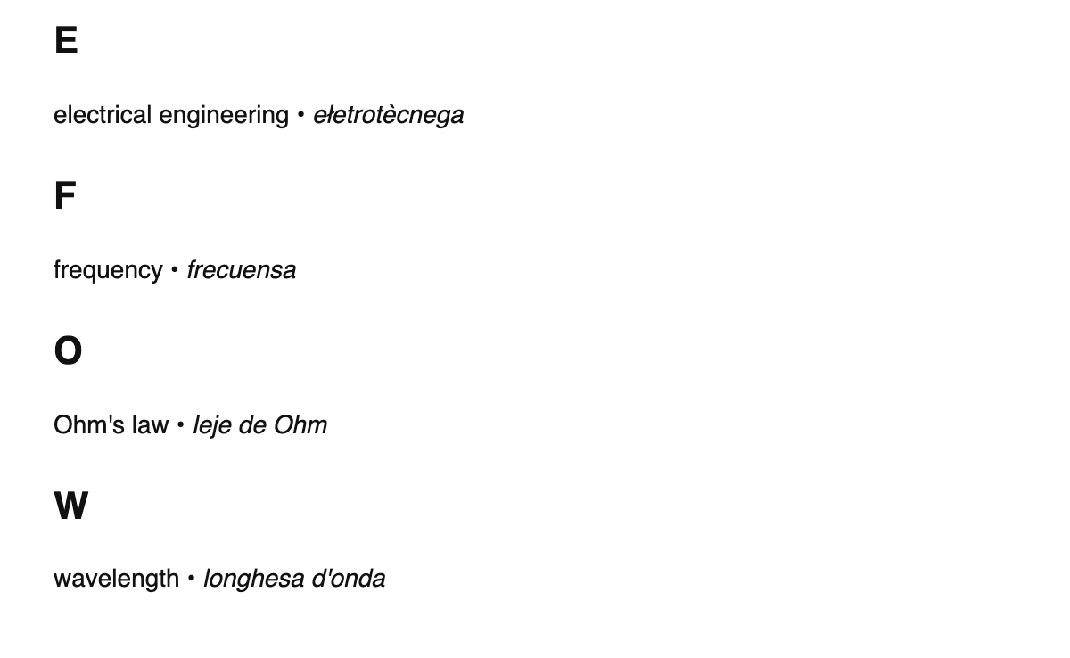 Electrical engineering terms in Venetian