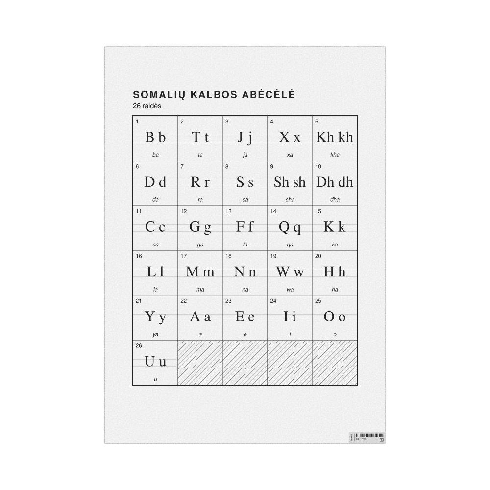 Leskoff Somali Alphabet Chart, 23.4 x 33.1 in (59.4 x 84.1 cm, Poster / Wall Chart), Lithuanian-Labeled, image 1 of 2