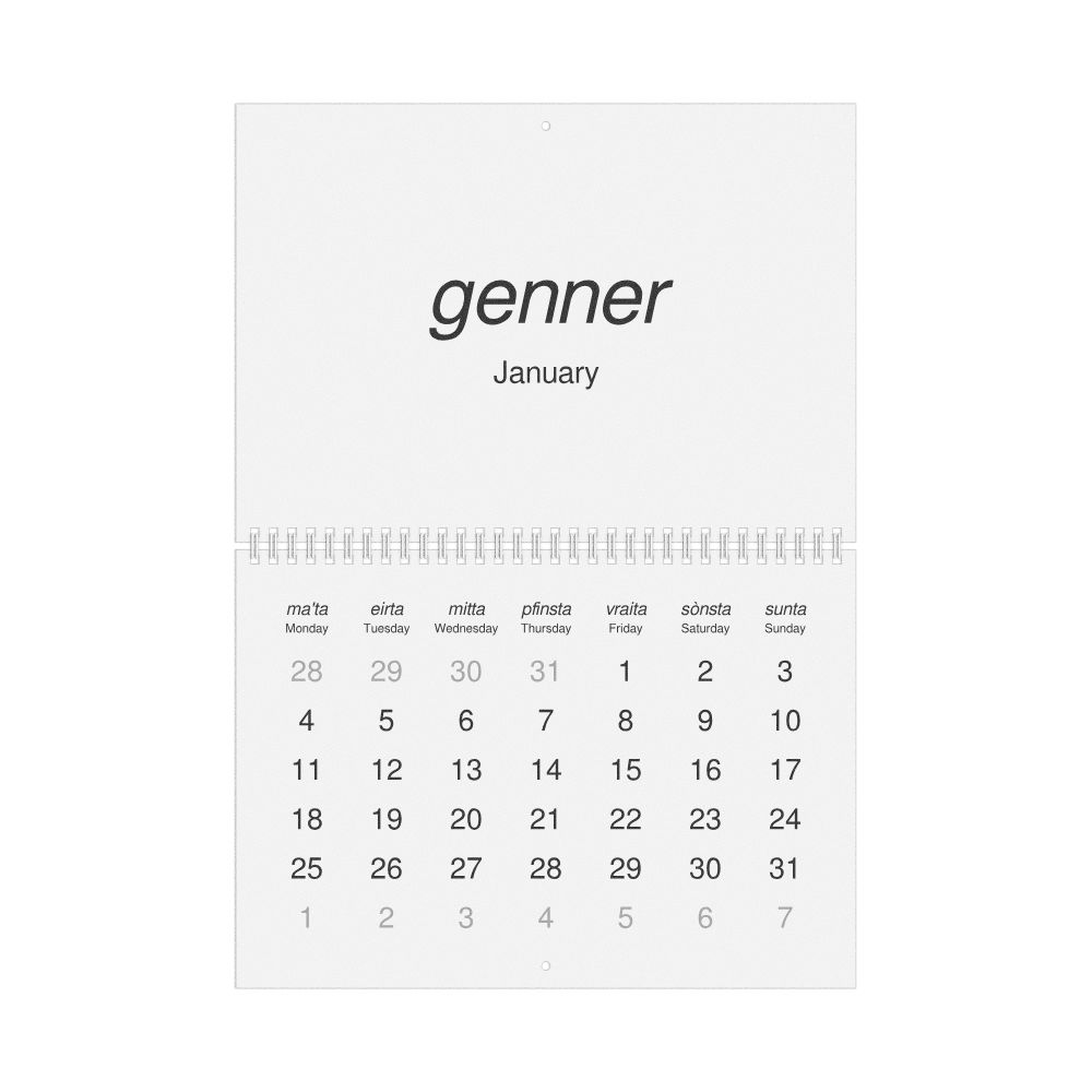 Leskoff 2027 Wall Calendar, Mòcheno/English-Labeled, Monday-Start Layout, Wire-Bound, 11.7 x 8.3 in (29.7 x 21.0 cm), image 1 of 1