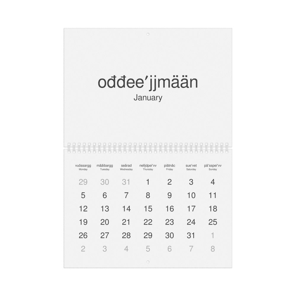 Leskoff 2026 Wall Calendar, Skolt Sámi/English-Labeled, Monday-Start Layout, Wire-Bound, 11.7 x 8.3 in (29.7 x 21.0 cm), image 1 of 1