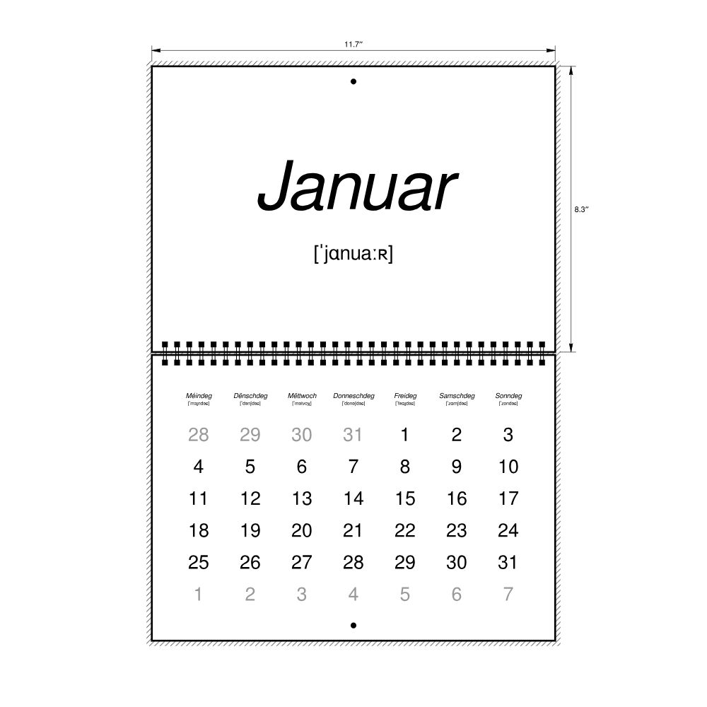 Leskoff 2027 Phonetic Wall Calendar, Luxembourgish-Labeled with IPA, Monday-Start Layout, Wire-Bound, 11.7 x 8.3 in (29.7 x 21.0 cm), image 2 of 2