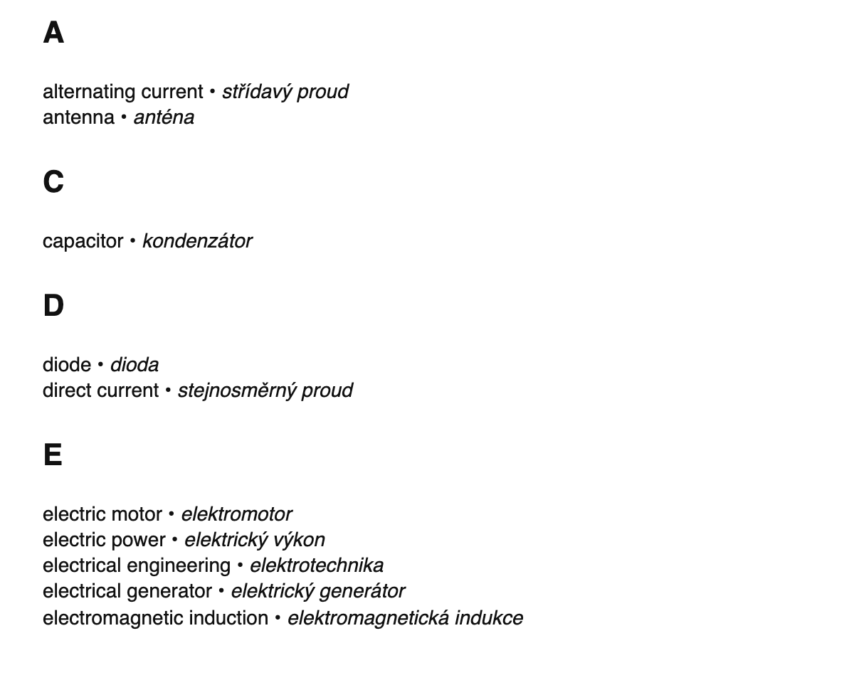 Electrical engineering terms in Czech