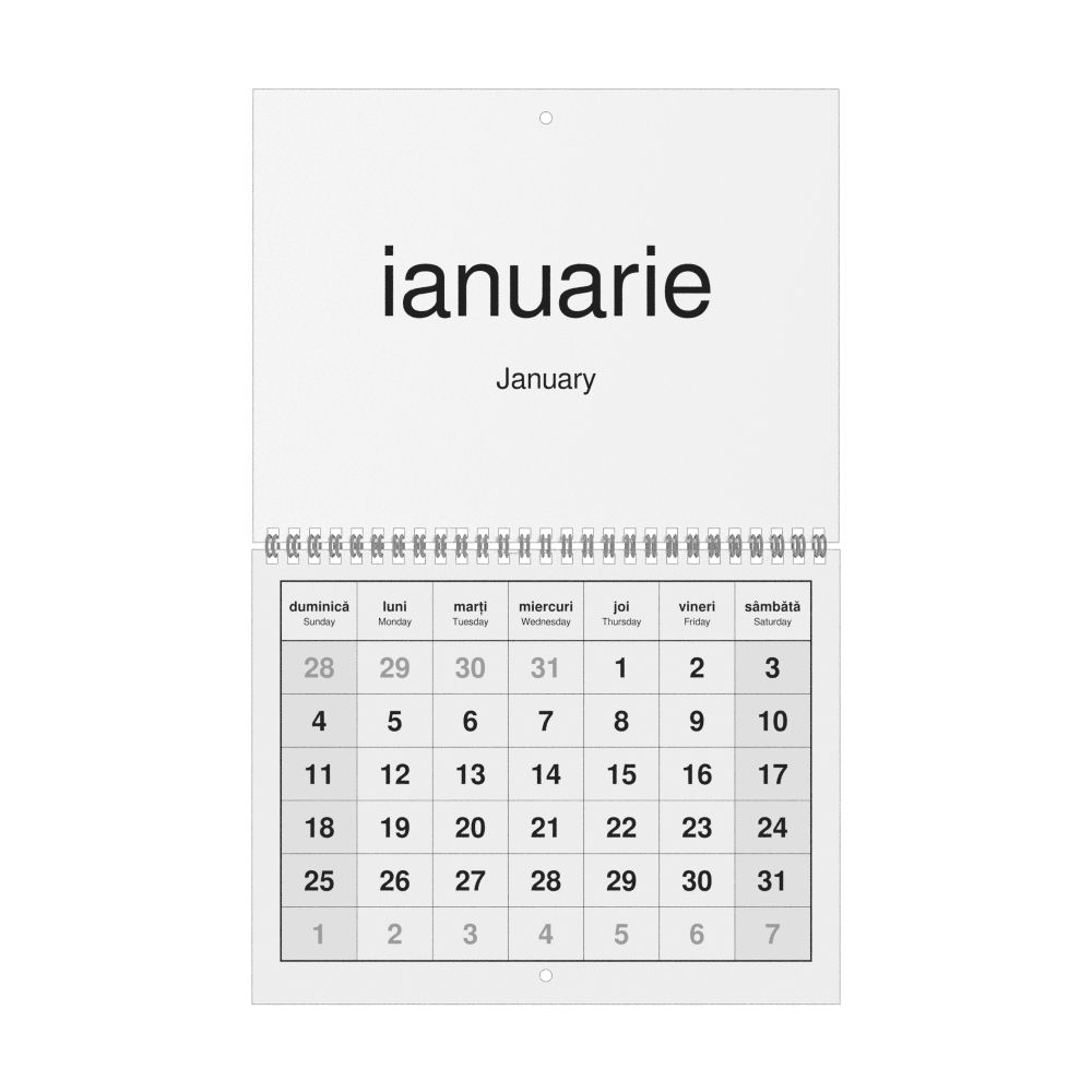 Leskoff 2026 Wall Calendar, Romanian/English-Labeled, Sunday-Start Layout, Wire-Bound, 11 x 8.5 in (27.9 x 21.6 cm), image 1 of 1