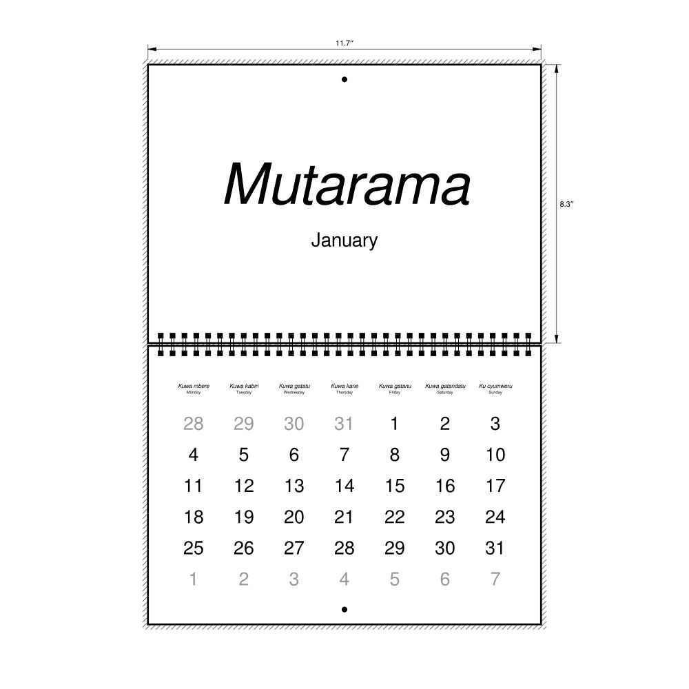 Leskoff 2027 Wall Calendar, Kinyarwanda/English-Labeled, Monday-Start Layout, Wire-Bound, 11.7 x 8.3 in (29.7 x 21.0 cm), image 2 of 2