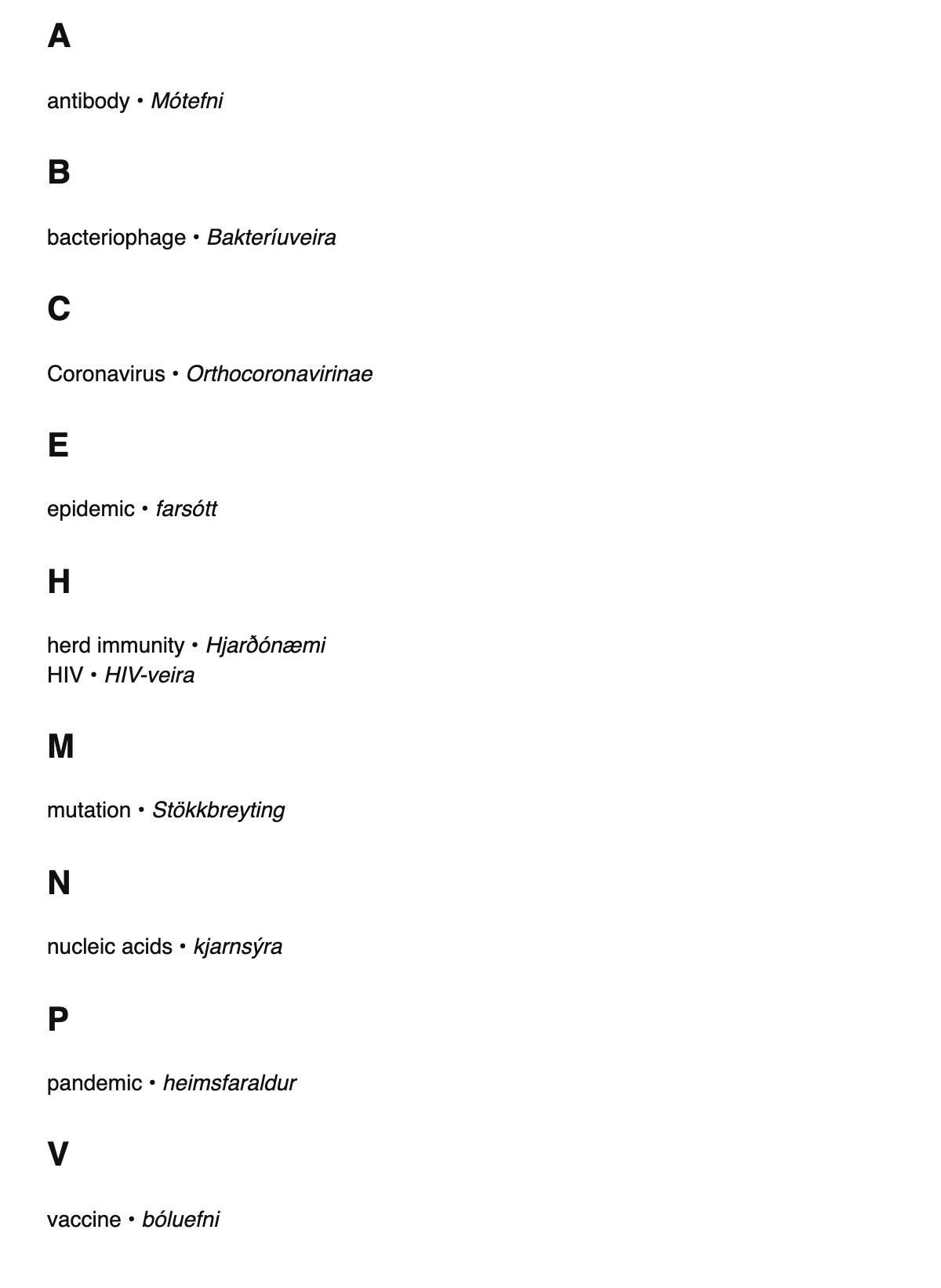 Virology terms in Icelandic