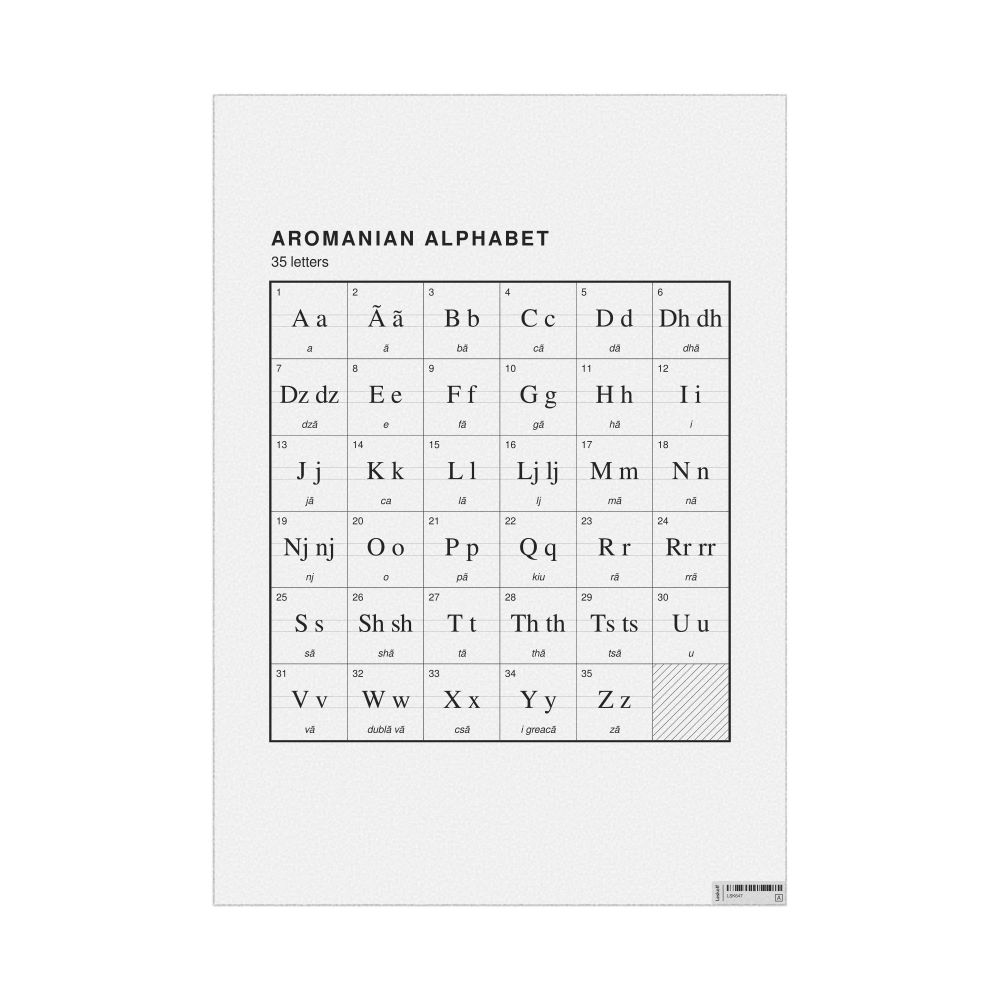 Leskoff Aromanian Alphabet Chart, 23.4 x 33.1 in (59.4 x 84.1 cm, Poster / Wall Chart), English-Labeled, image 1 of 2