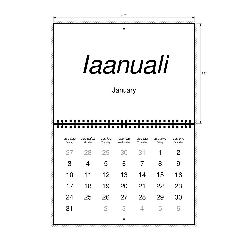 Leskoff 2027 Wall Calendar, Tuvaluan/English-Labeled, Sunday-Start Layout, Wire-Bound, 11.7 x 8.3 in (29.7 x 21.0 cm), image 2 of 2