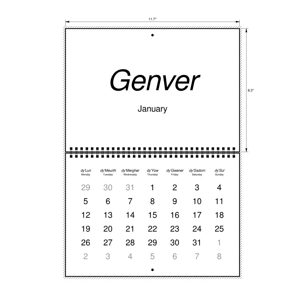 Leskoff 2026 Wall Calendar, Cornish/English-Labeled, Monday-Start Layout, Wire-Bound, 11.7 x 8.3 in (29.7 x 21.0 cm), image 2 of 2