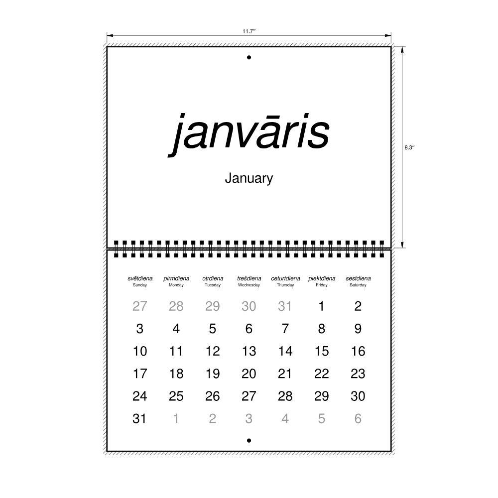Leskoff 2027 Wall Calendar, Latvian/English-Labeled, Sunday-Start Layout, Wire-Bound, 11.7 x 8.3 in (29.7 x 21.0 cm), image 2 of 2