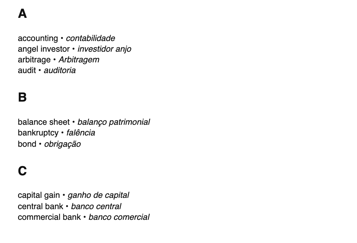 Finance terms in Portuguese