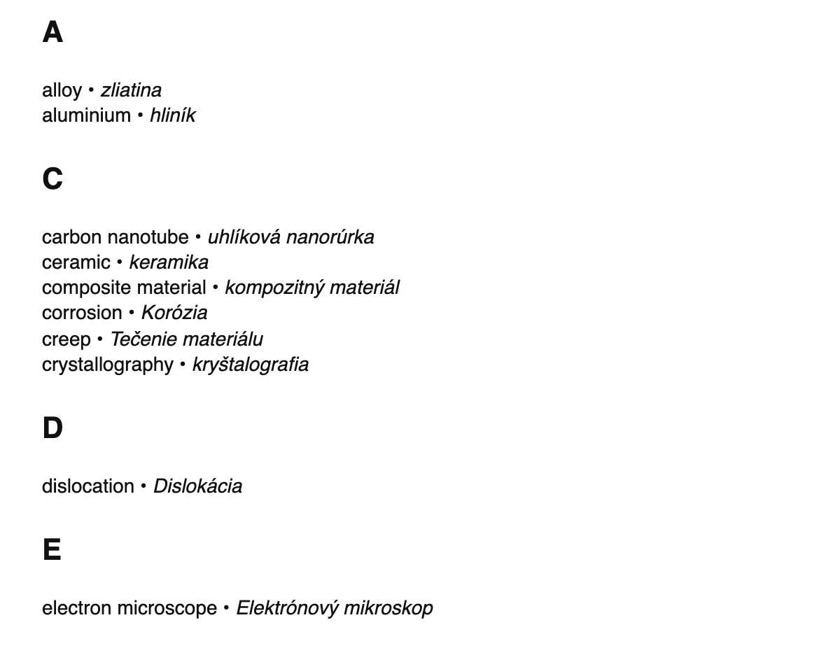 Materials science terms in Slovak