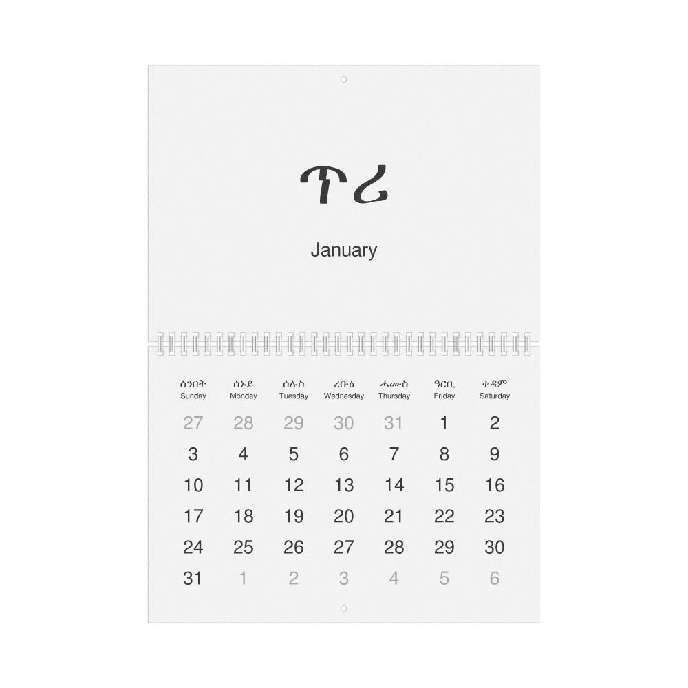 Leskoff 2027 Wall Calendar, Tigrinya/English-Labeled, Sunday-Start Layout, Wire-Bound, 11.7 x 8.3 in (29.7 x 21.0 cm), image 1 of 1