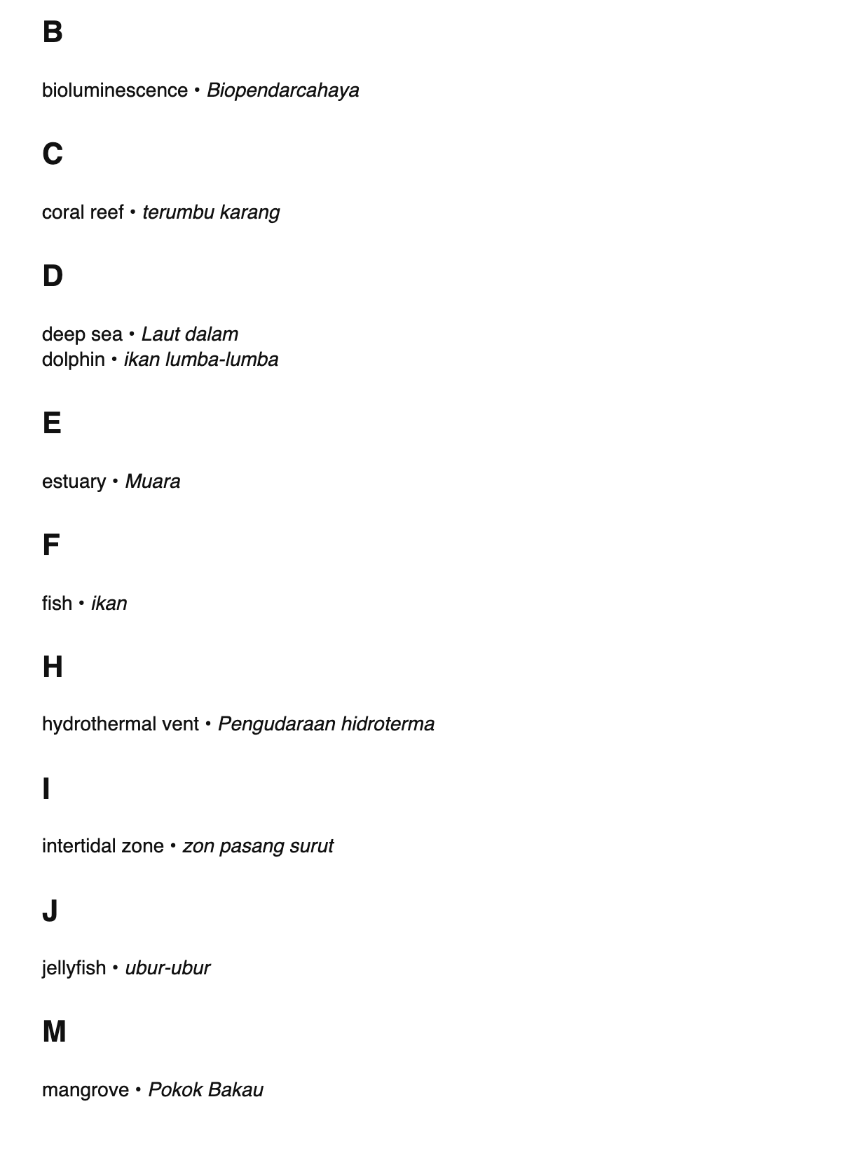 Marine biology terms in Malay