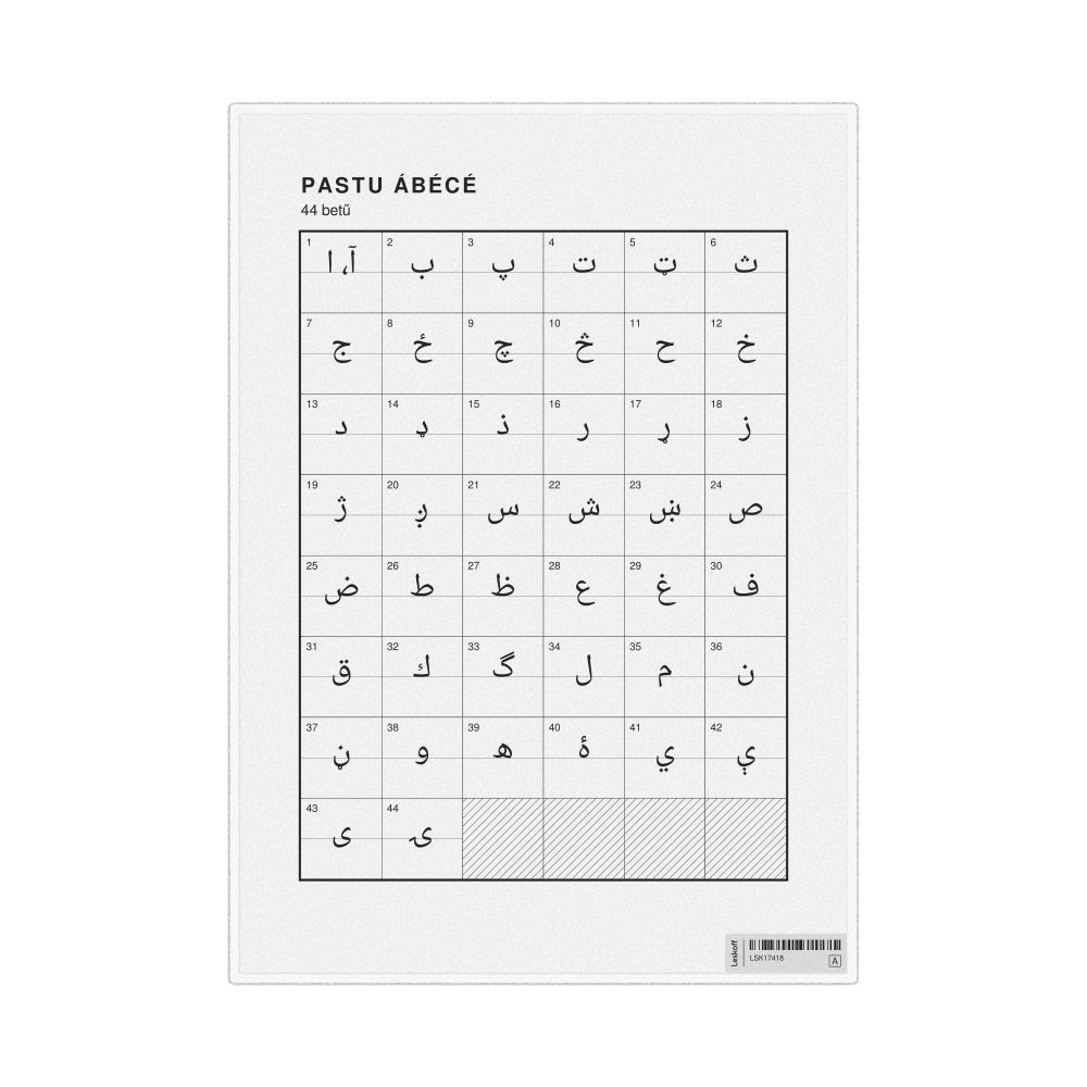 Leskoff Pashto Alphabet Chart, 8.3 x 11.7 in (21.0 x 29.7 cm, Desk Chart, Laminated), Hungarian-Labeled, image 1 of 2