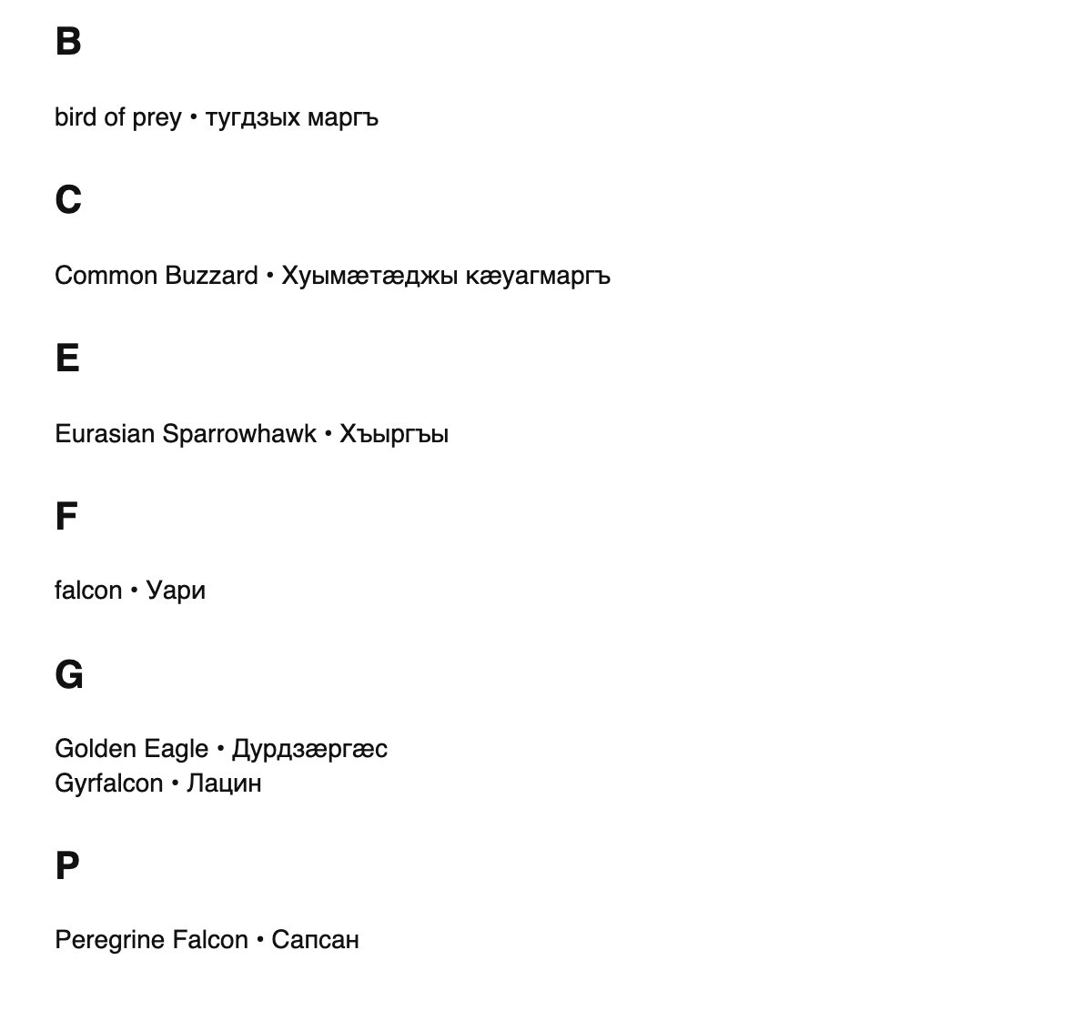 Falconry terms in Ossetian
