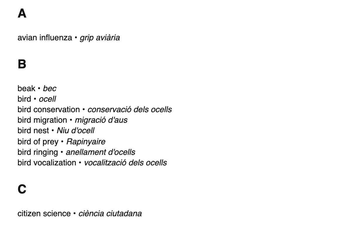 Ornithology terms in Catalan
