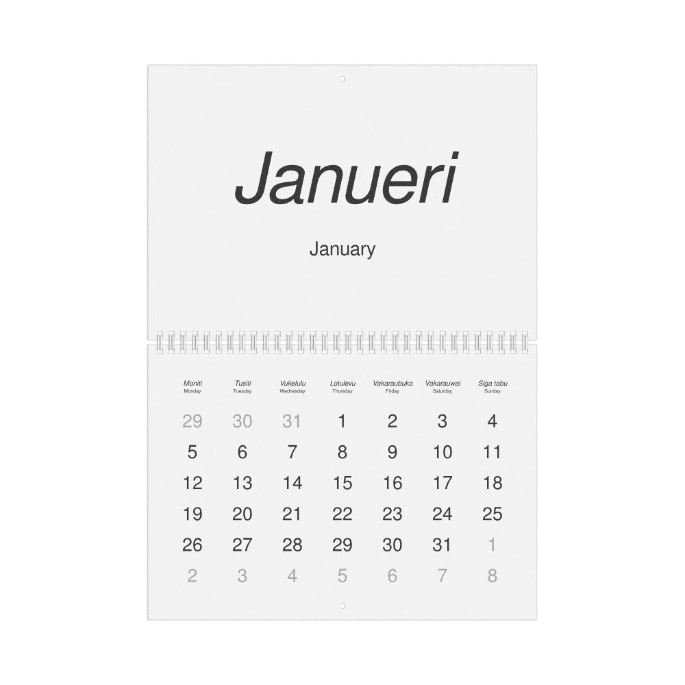 Leskoff 2026 Wall Calendar, Fijian/English-Labeled, Monday-Start Layout, Wire-Bound, 11.7 x 8.3 in (29.7 x 21.0 cm), image 1 of 1