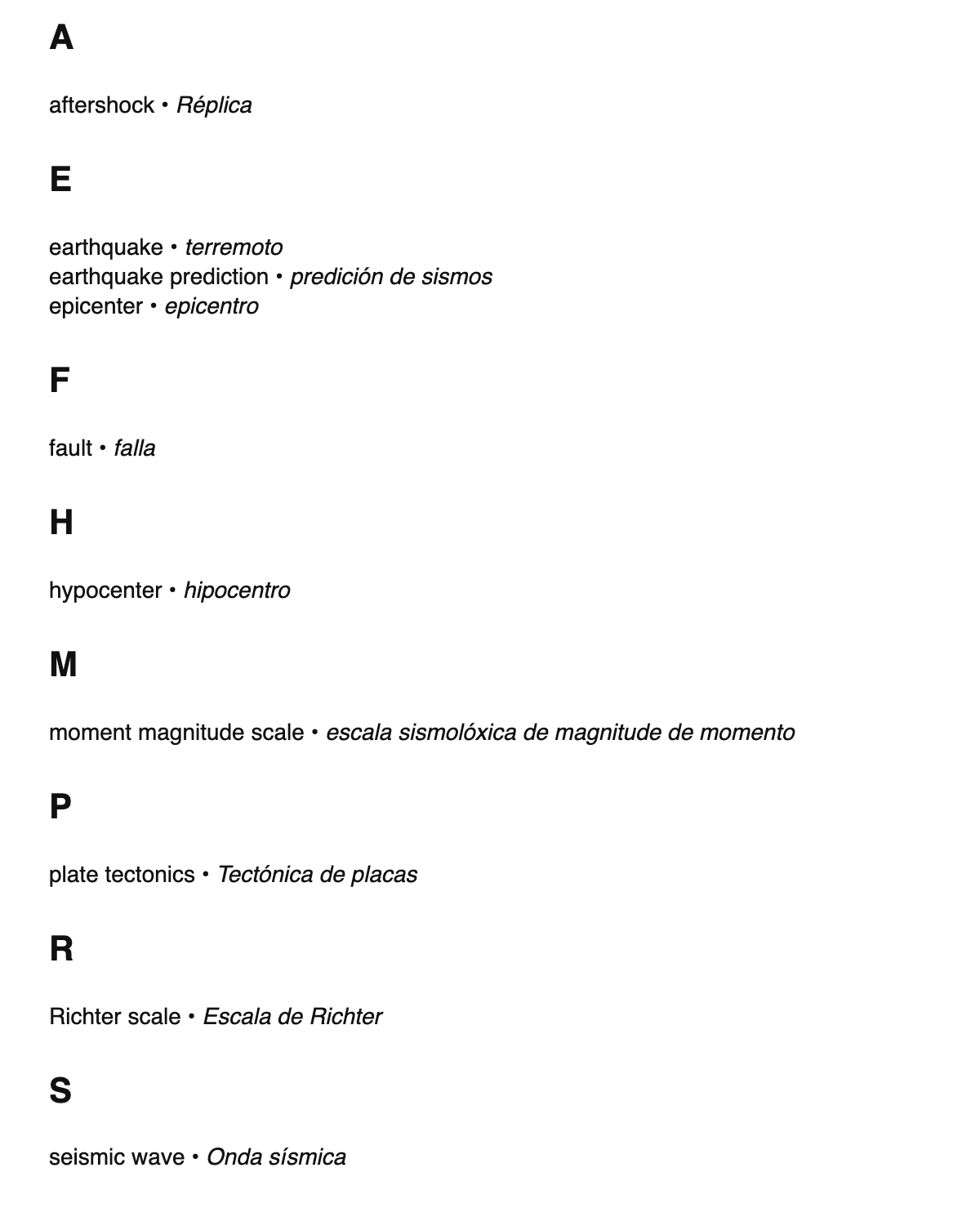 Seismology terms in Galician