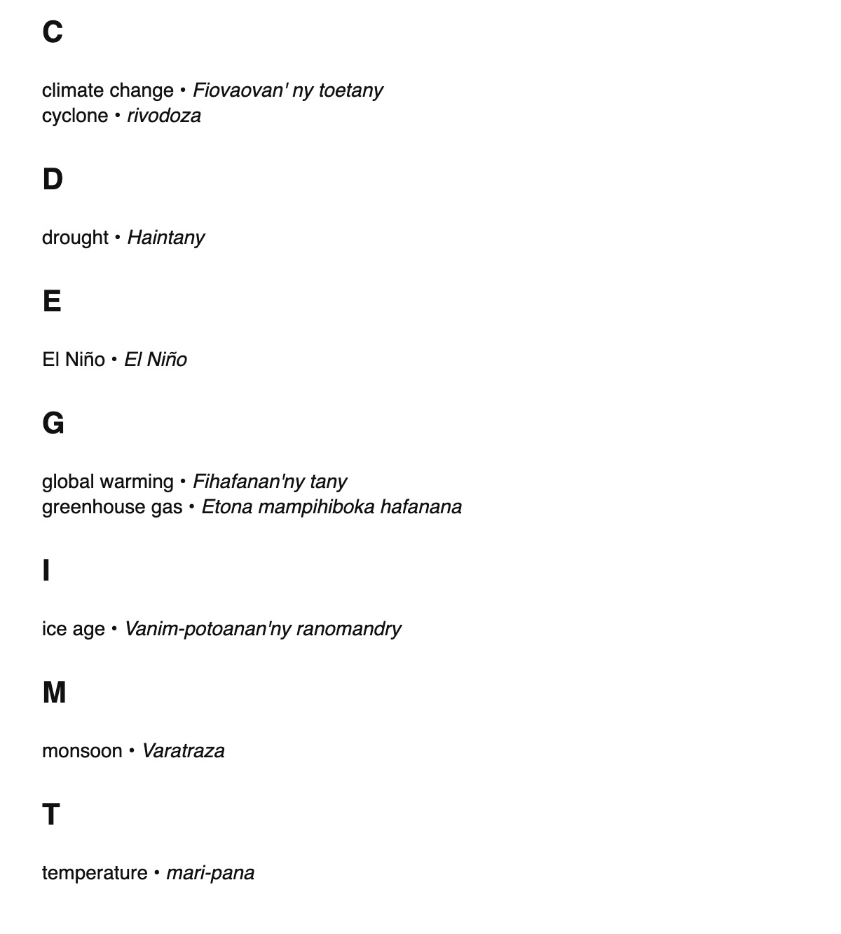 Climatology terms in Malagasy