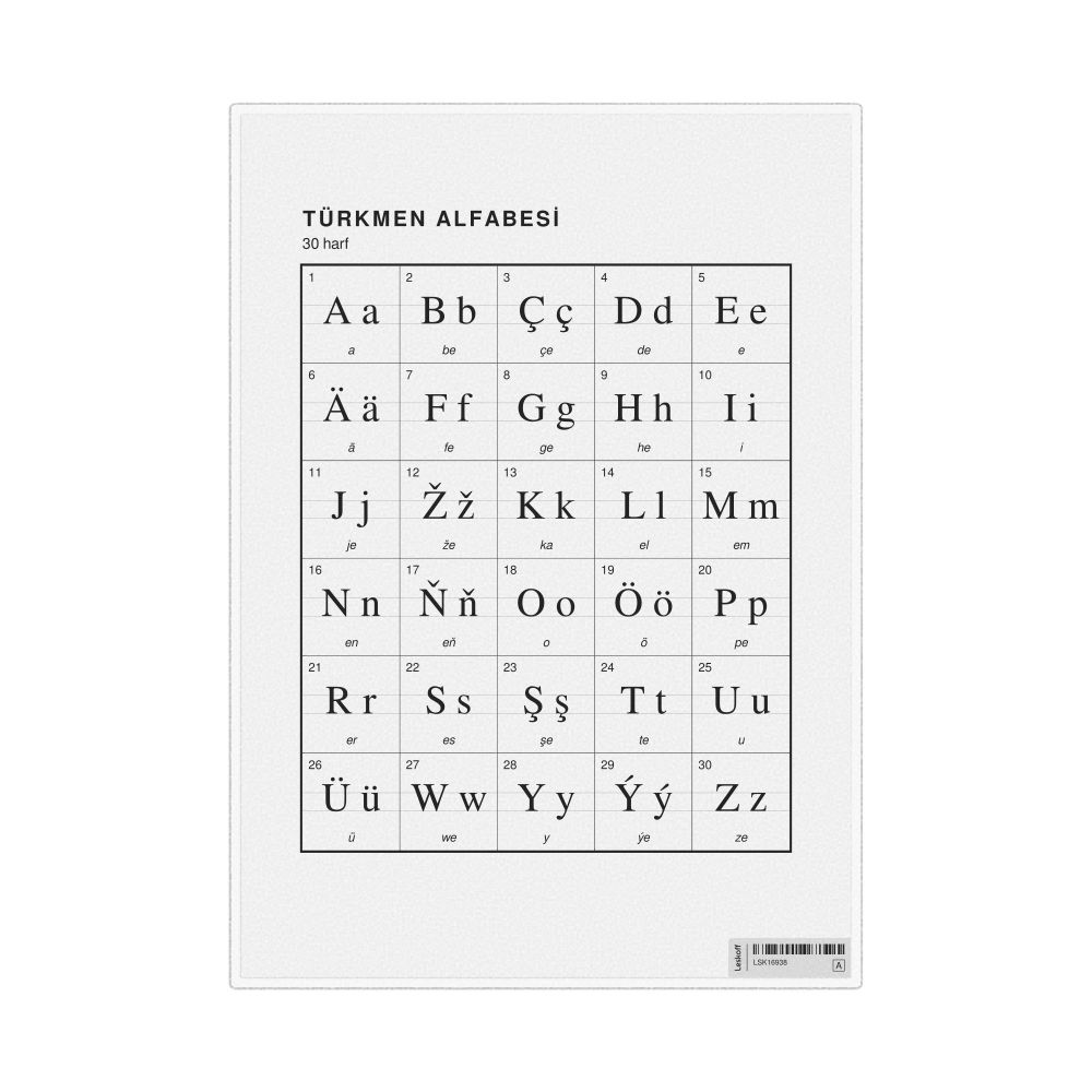 Leskoff Turkmen Alphabet Chart, 8.3 x 11.7 in (21.0 x 29.7 cm, Desk Chart, Laminated), Turkish-Labeled, image 1 of 2