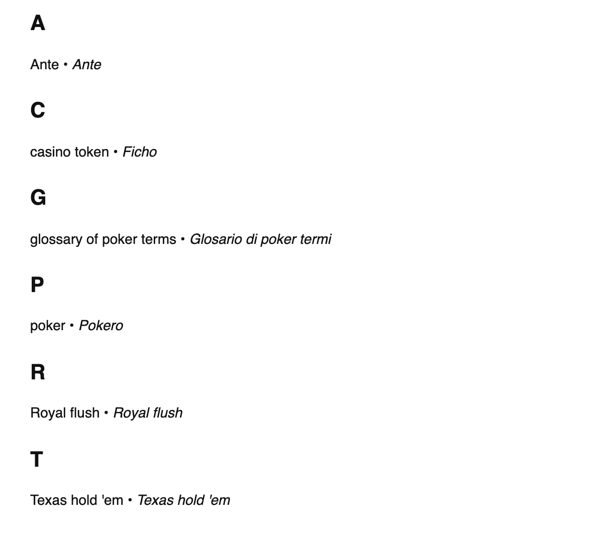 Poker terms in Ido