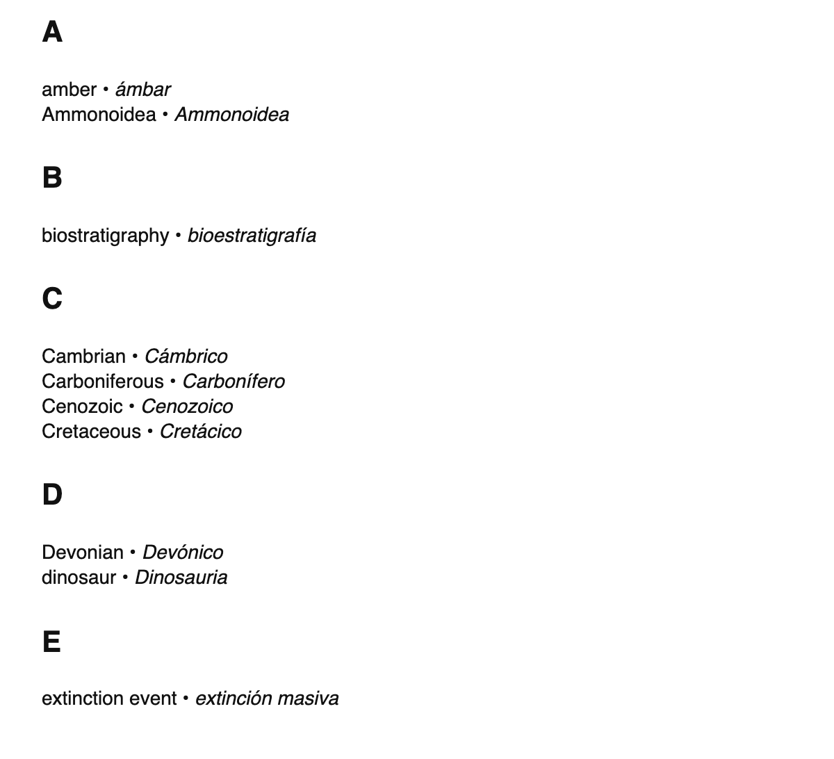 Paleontology terms in Spanish