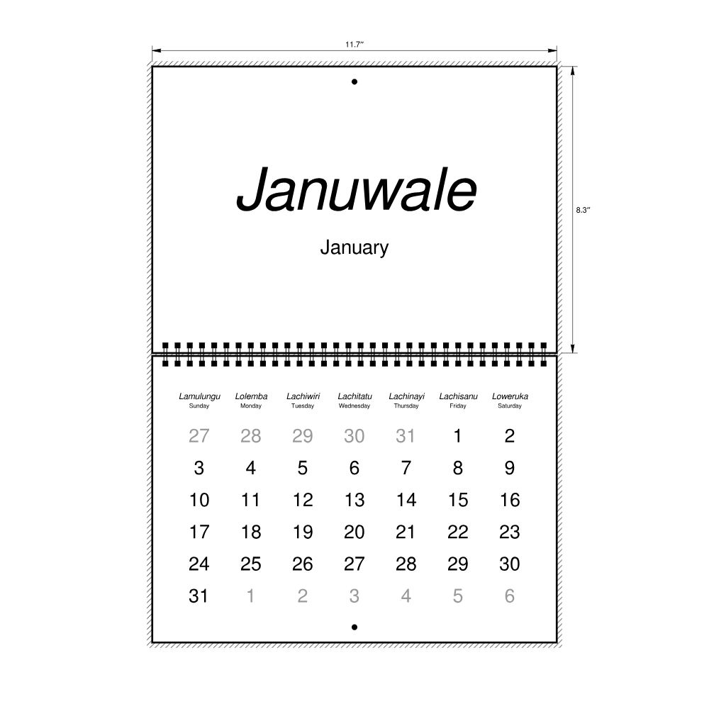 Leskoff 2027 Wall Calendar, Chewa/English-Labeled, Sunday-Start Layout, Wire-Bound, 11.7 x 8.3 in (29.7 x 21.0 cm), image 2 of 2