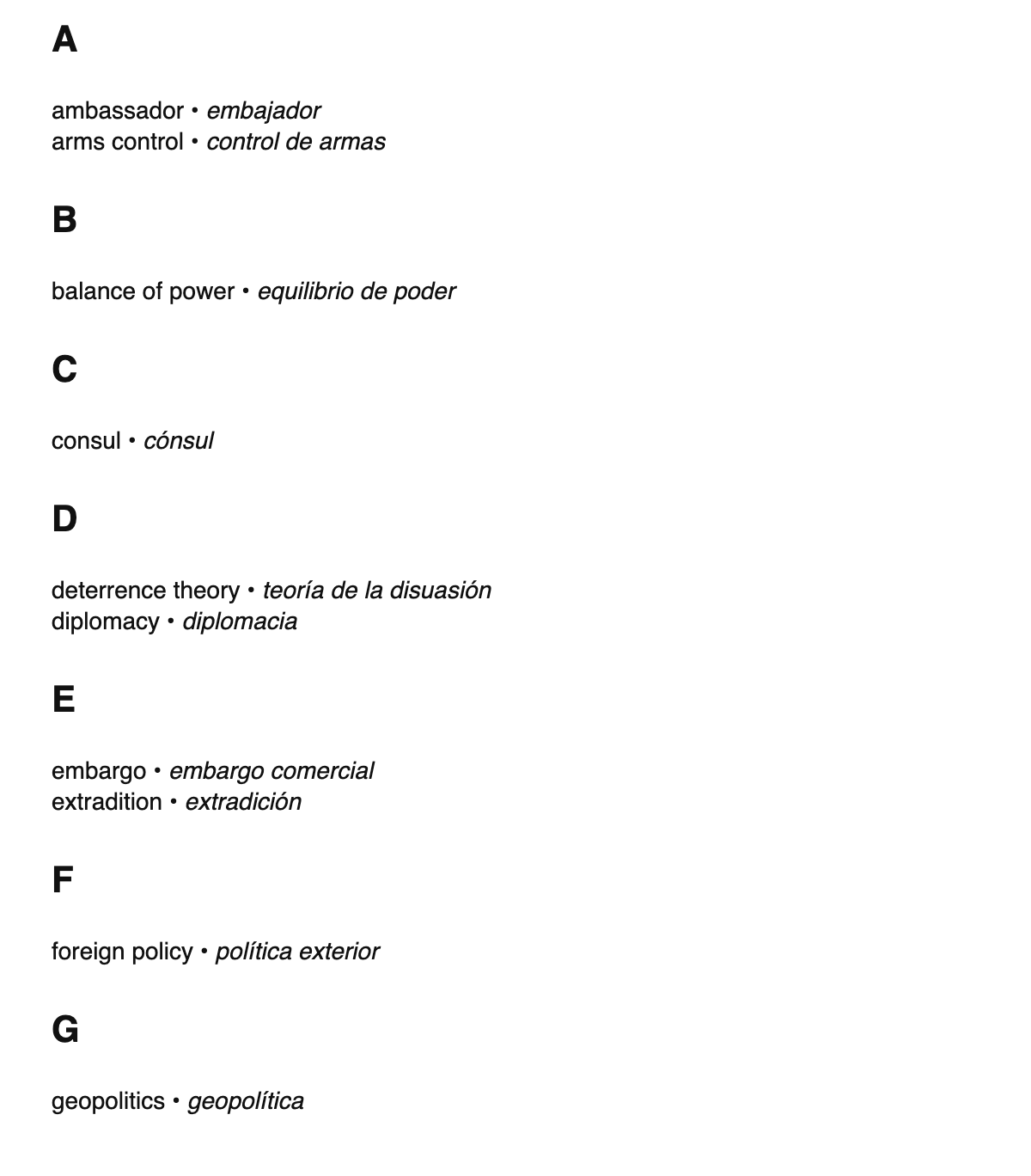 International relations terms in Spanish