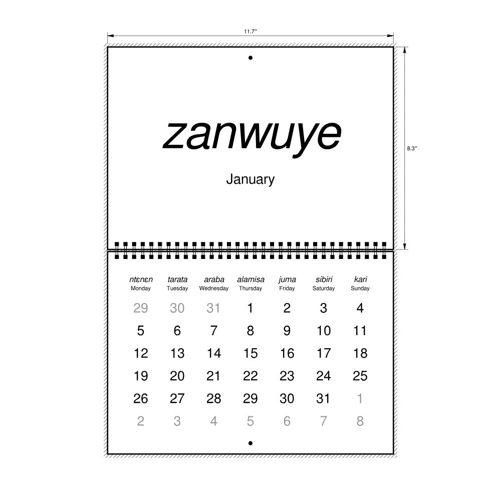 Leskoff 2026 Wall Calendar, Bambara/English-Labeled, Monday-Start Layout, Wire-Bound, 11.7 x 8.3 in (29.7 x 21.0 cm), image 2 of 2