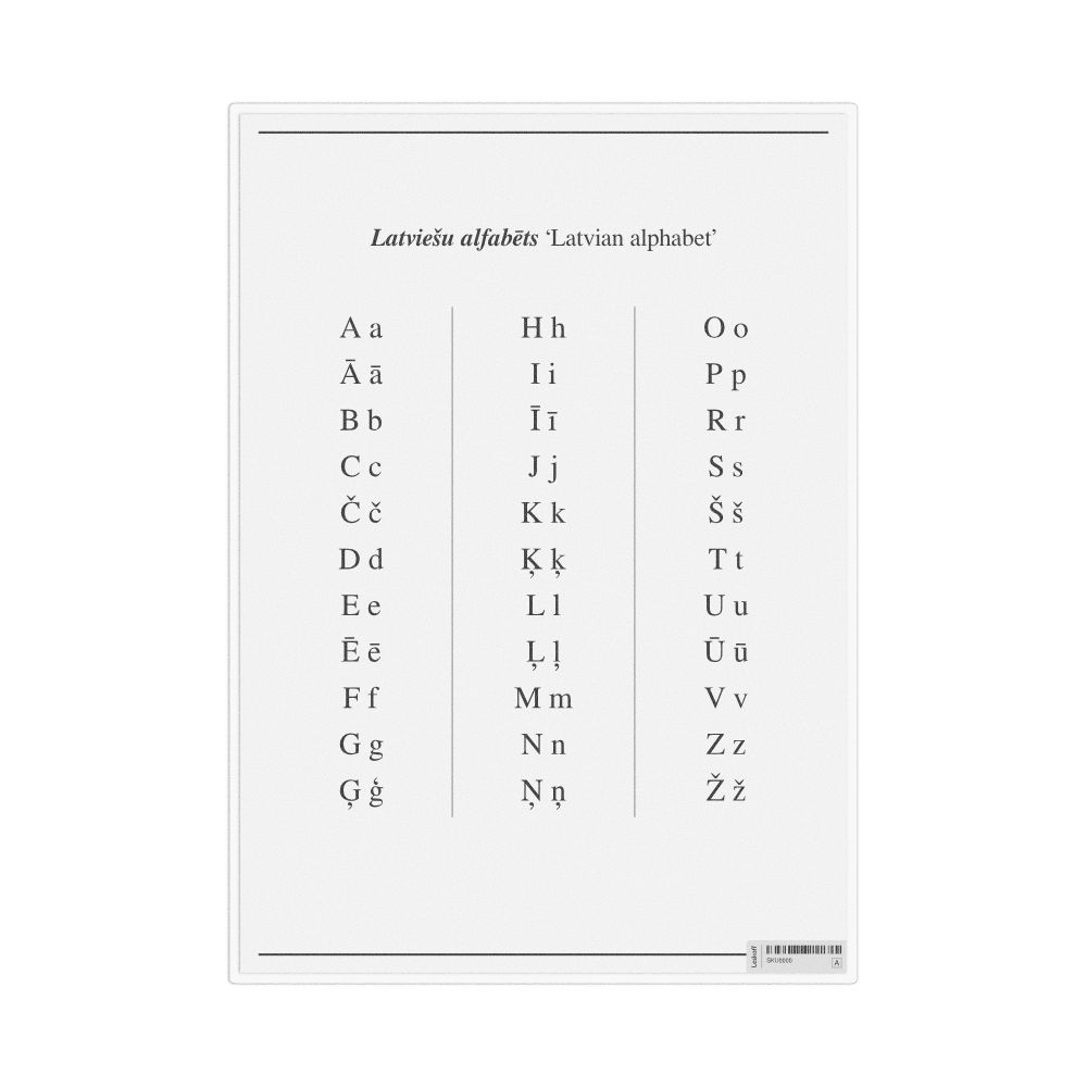 Leskoff Latvian Alphabet, Desk Chart, 8.3 x 11.7 in (21.0 x 29.7 cm), image 1 of 1