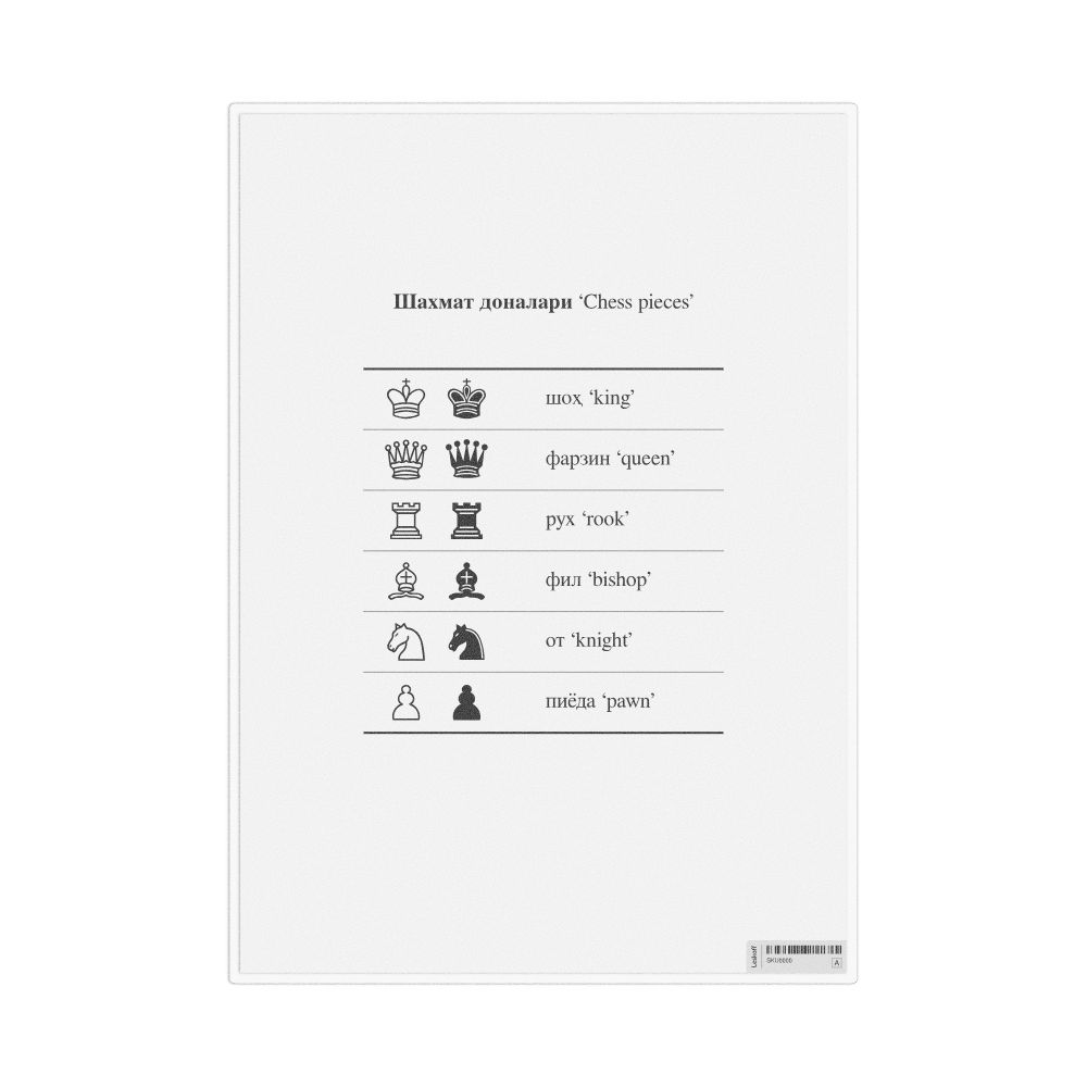 Leskoff Chess Pieces in Uzbek (Cyrillic), Desk Chart, 8.3 x 11.7 in (21.0 x 29.7 cm), image 1 of 1
