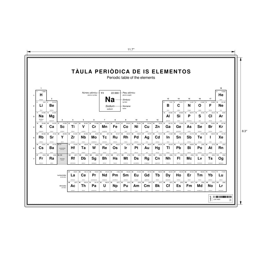 Leskoff Periodic Table Chart, 11.7 x 8.3 in (29.7 x 21.0 cm, Desk Chart, Laminated), 18-Column Layout, Sardinian/English-Labeled, image 1 of 2