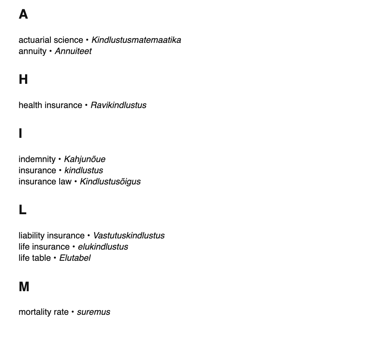 Insurance terms in Estonian