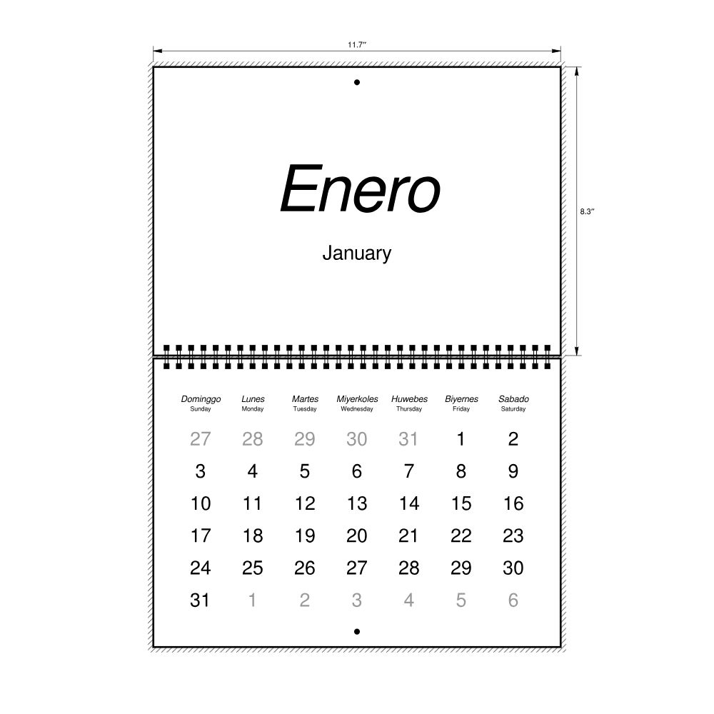 Leskoff 2027 Wall Calendar, Hiligaynon/English-Labeled, Sunday-Start Layout, Wire-Bound, 11.7 x 8.3 in (29.7 x 21.0 cm), image 2 of 2