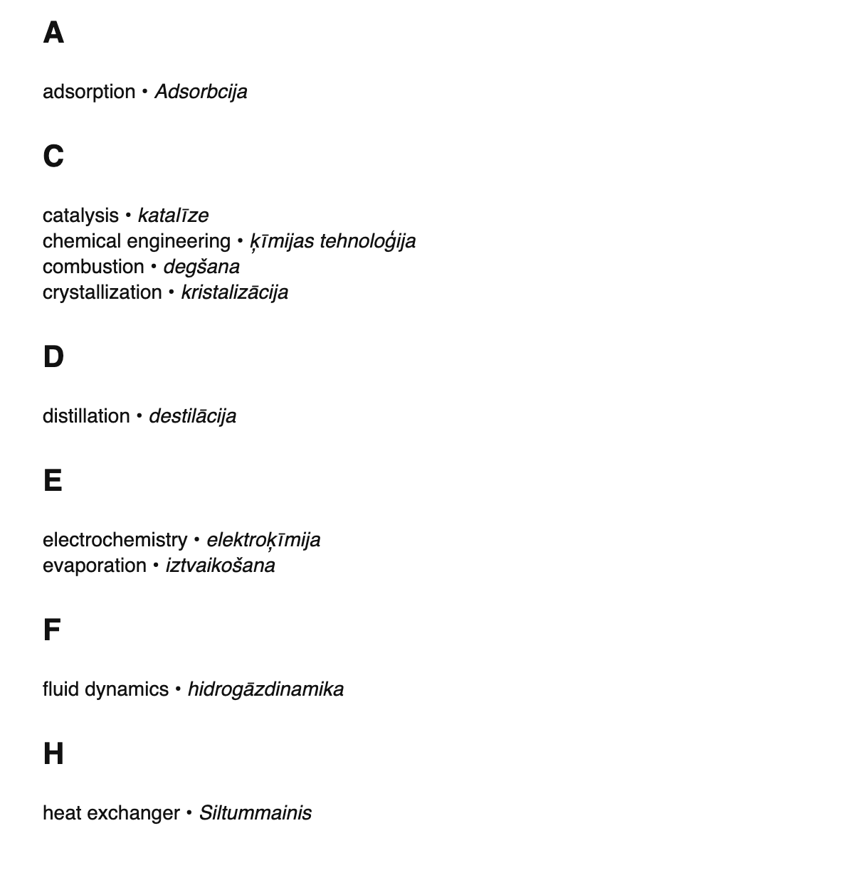 Chemical engineering terms in Latvian