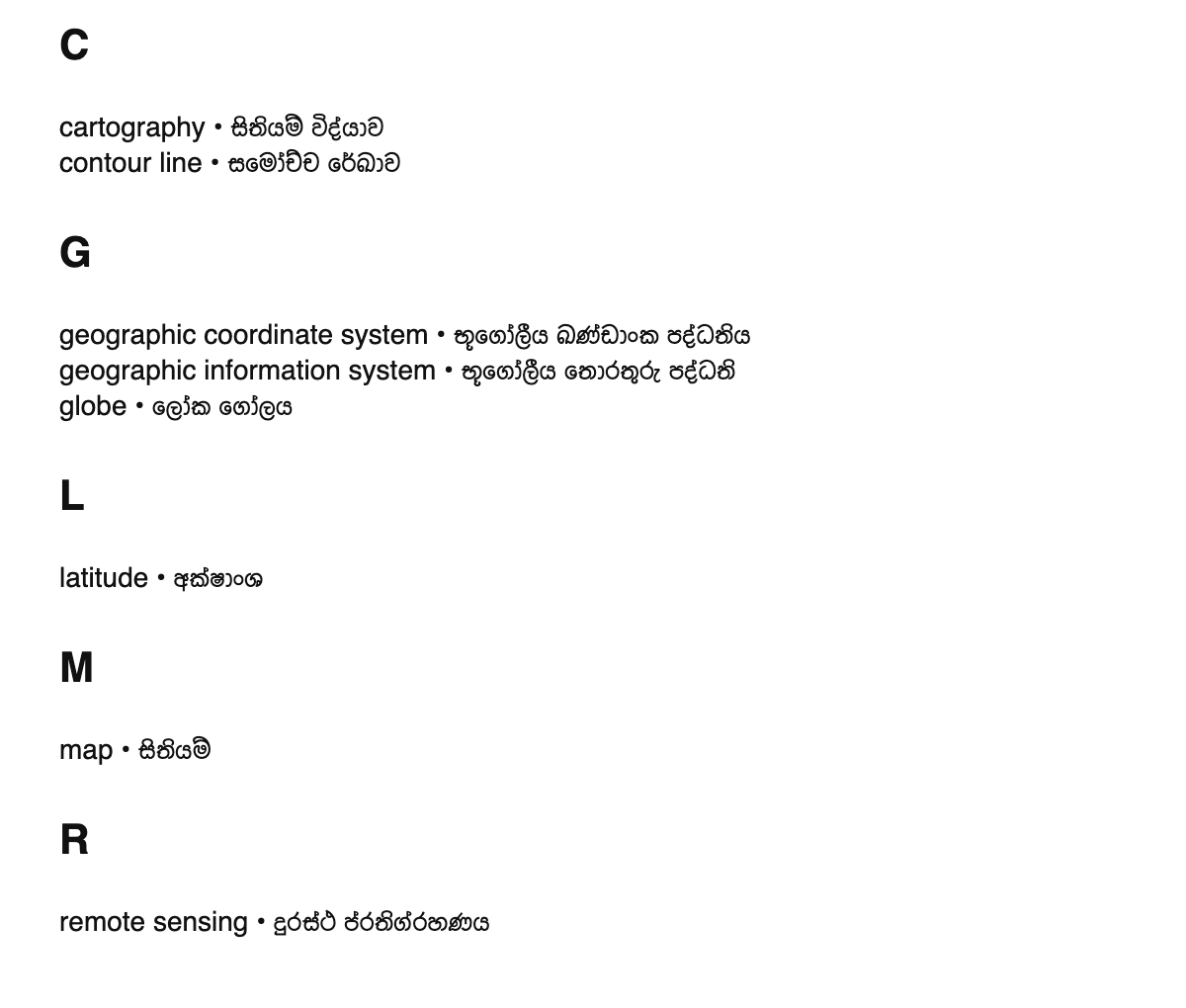 Cartography terms in Sinhala