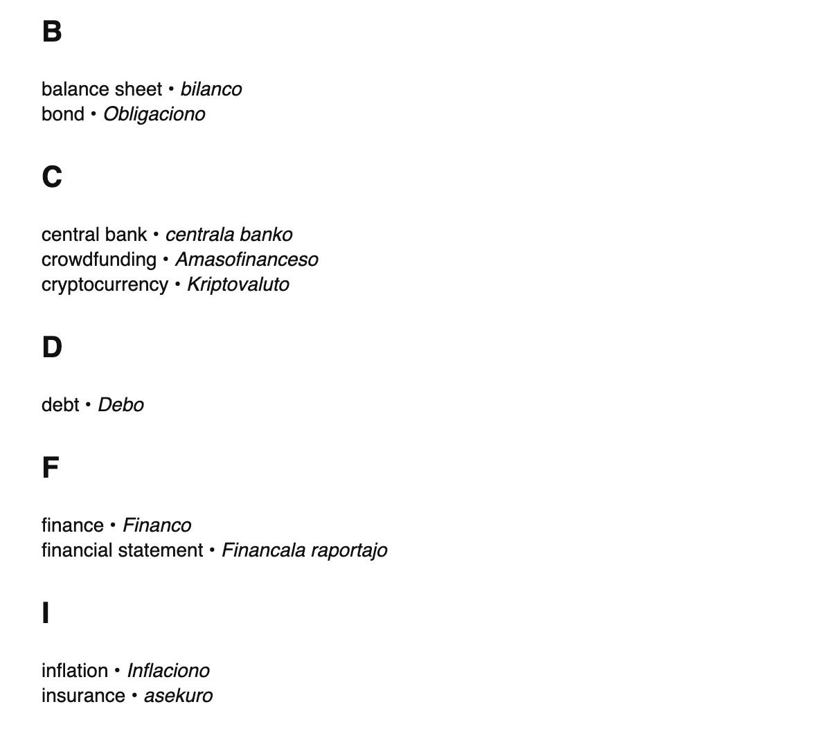Finance terms in Ido