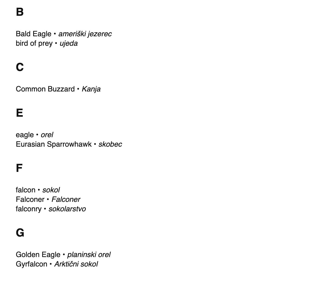 Falconry terms in Slovene