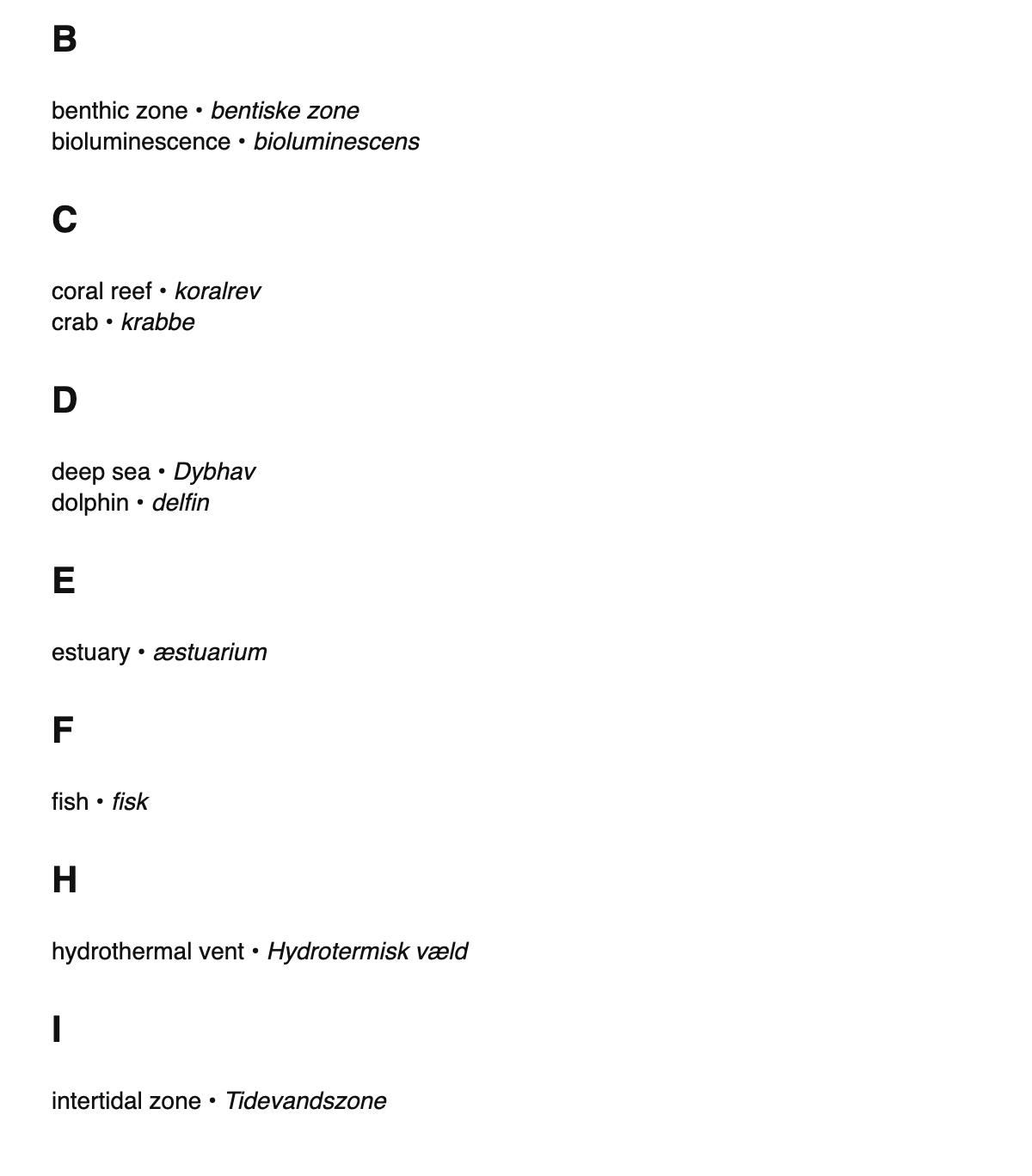 Marine biology terms in Danish