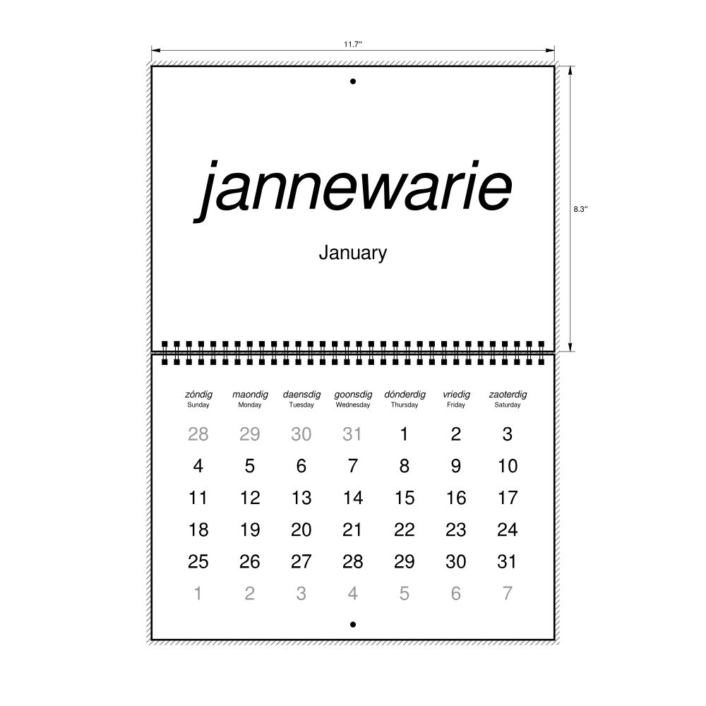 Leskoff 2026 Wall Calendar, Limburgish/English-Labeled, Sunday-Start Layout, Wire-Bound, 11.7 x 8.3 in (29.7 x 21.0 cm), image 2 of 2