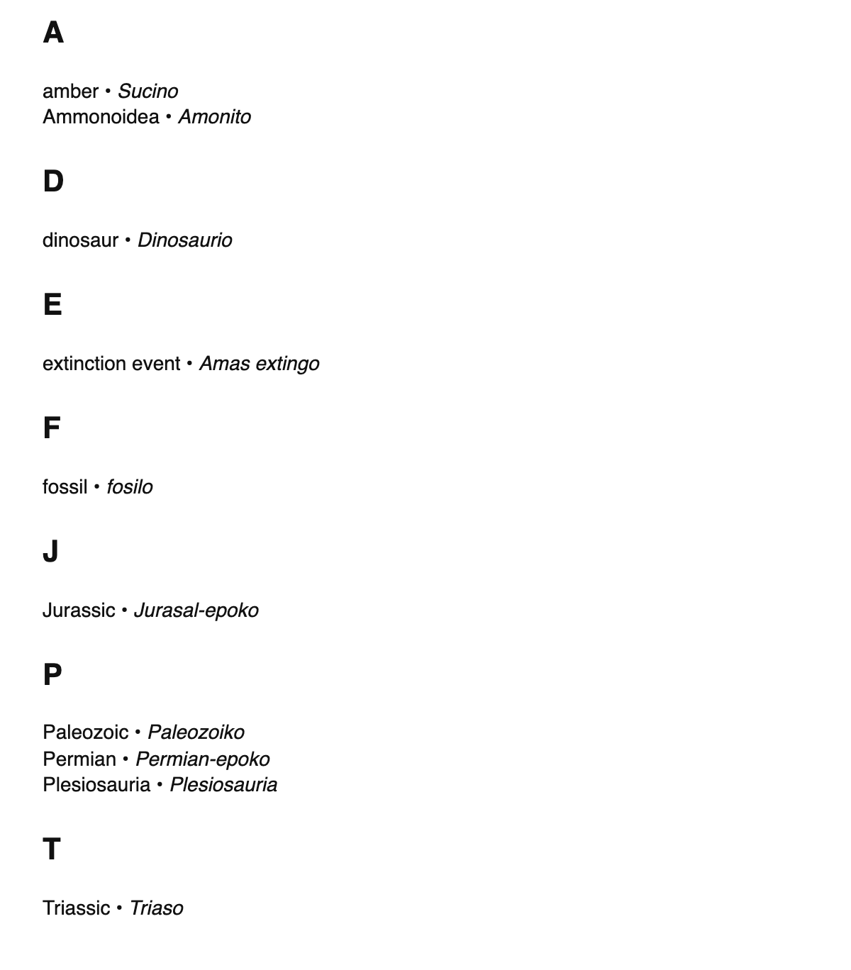 Paleontology terms in Ido