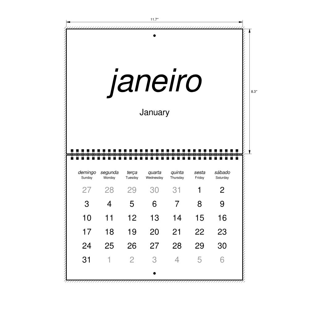 Leskoff 2027 Wall Calendar, Mirandese/English-Labeled, Sunday-Start Layout, Wire-Bound, 11.7 x 8.3 in (29.7 x 21.0 cm), image 2 of 2