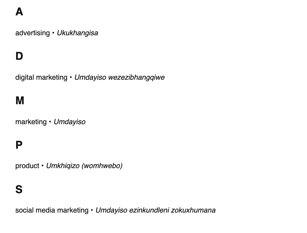 Marketing terms in Zulu